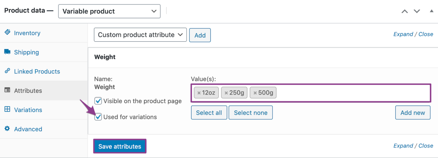 Product attributes and variations – Beans Online Store Help